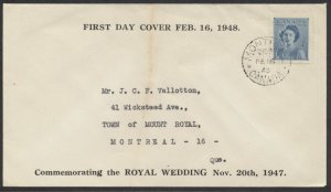 1948 #276 4c Royal Wedding FDC, Vallotton Cachet, Montreal CDS