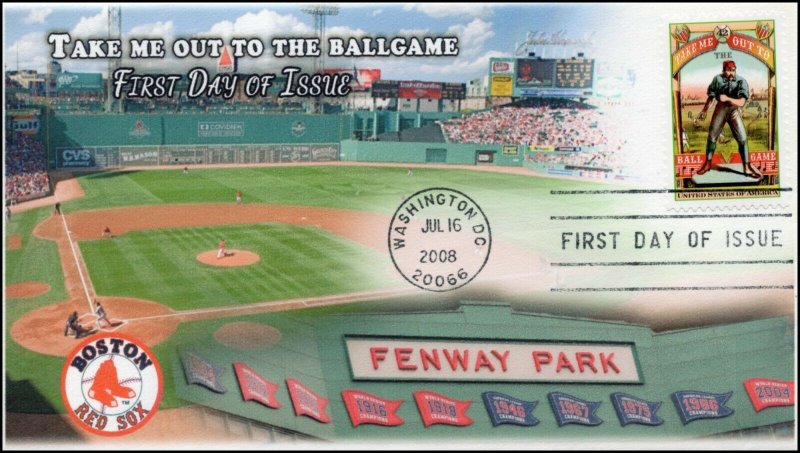 AO4341-1, 2008, Take me out to the Ballgame, FDC, Add-on Cachet. Fenway, 4 Bar 