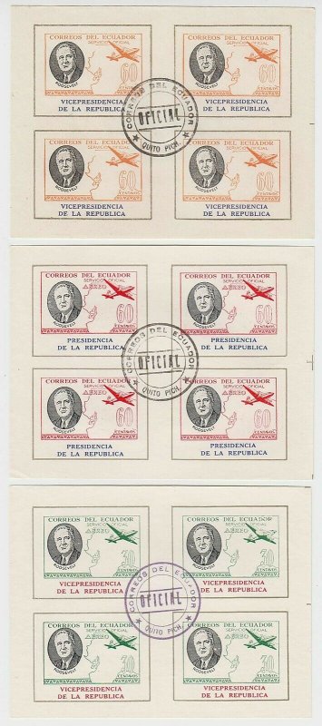 ECUADOR 1949 ROOSEVELT OFFICIAL Bts O268, O270, O273 MINISHEETS OF 4 QUITO PMK 