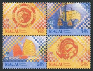 Macao 962-965a block,966,MNH. Tiles 1998.Dragoon,Junk,Peacock,Lighthouse.