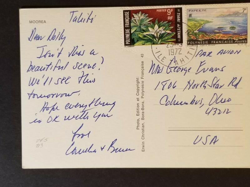 1972 Tahiti to Columbus Ohio USA Arial Scenic Island Real Picture Postcard Cover