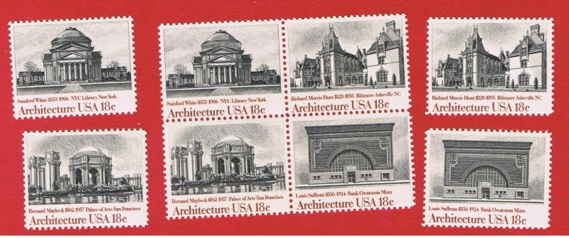 #1928-1931  MNH OG block of 4 & singles Architecture  Free S/H