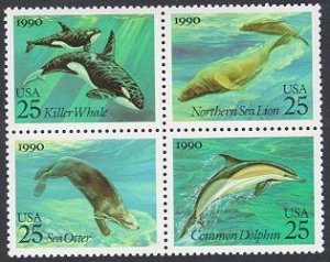 2508-11 25c Sea Mammals Block of 4 Mint NH VF