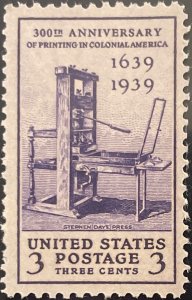 Scott #857 1939 3¢ Printing Tercentenary MNH OG F/VF