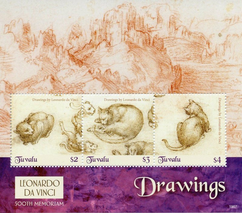 Tuvalu 2019 MNH Leonardo Da Vinci Drawings 500th Memorial 3v M/S II Art Stamps