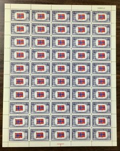 911   Norway Overrun Nations Flag   WWll 5 cent MNH sheet of 50 FV $ 2.50 1943