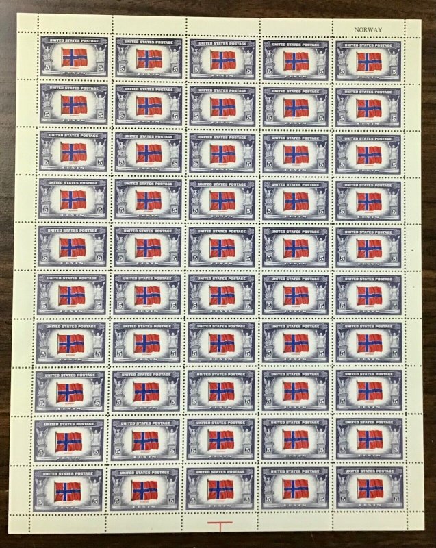 911   Norway Overrun Nations Flag   WWll 5 cent MNH sheet of 50 FV $ 2.50 1943