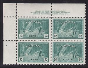 Canada Uni 272 MNH. 1946 50c Logging, Upper Left Plate Block #1