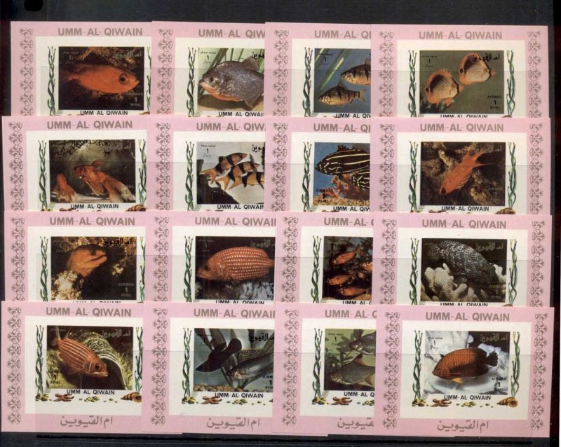 Umm Al Qiwain 1972 Mi#1466-1481 Tropical Fish deluxe MS, pink borders, IMPERF...