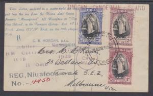 Tonga Sc 70-72 on 1939 Registered Tin Can Mail Cover to Australia