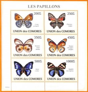 A5578 - COMOROS - ERROR, 2009, MISPERF MINIATURE SHEET: Butterflies