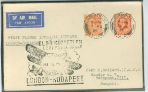 Great Britain 162/213 1935 Airmail cover, Liverpool, 3/31/35 to Budapest, Hungary, First Flight