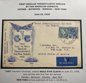 1939 Dublin Ireland First Flight Airmail Cover To New York NY USA PAA