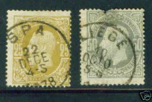 BELGIUM Scott 37-8 used 1875 25&50c stamps CV $12.50