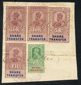 India KGV 5 x Share Transfer Revenue Stamps on piece