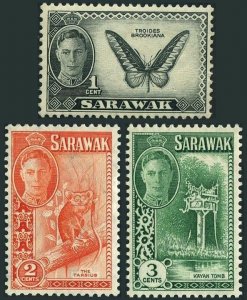 Sarawak 180-182, lightly hinged. George VI, 1950. Butterfly,Tarsier. Kayan tomb.