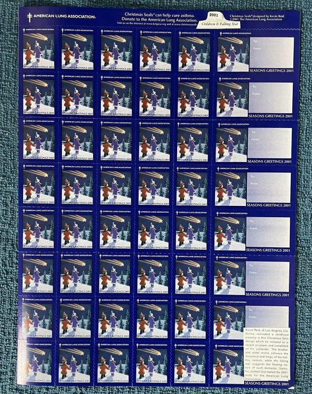 Vintage 2001 American Lung Association Christmas Seals/Tags, Mint Sheet, Self-Ad