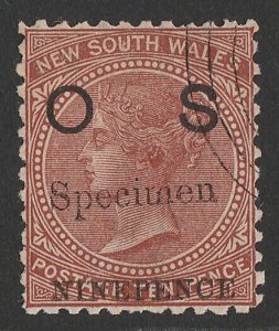 NEW SOUTH WALES 1879 OS on QV NINE PENCE on 10d Specimen. Only 50 made.