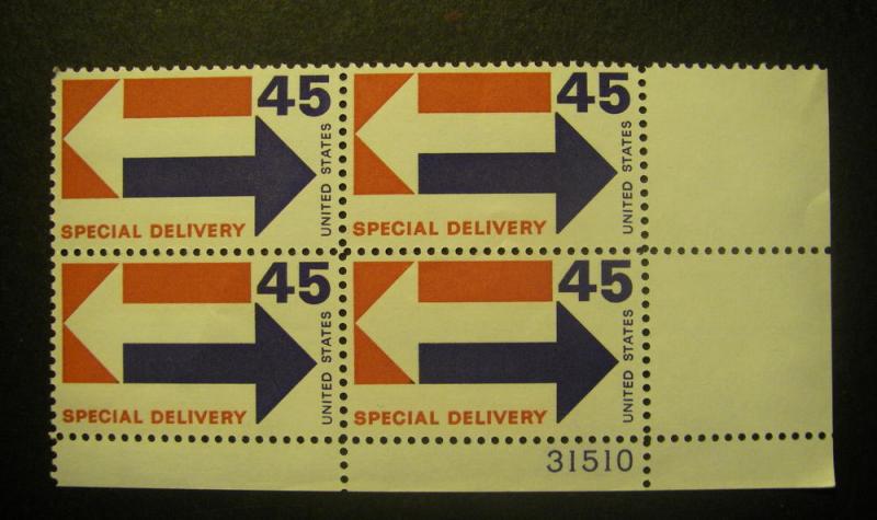 Scott E22, 45c Special Delivery Arrow, Plate block of 4