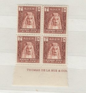 Aden Seiyun KGVI 1942 3/4A Block Of 4 De La Rue Inscription SG2 JK1968