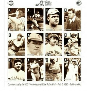 Guyana - 1995 - Babe Ruth - MLB Baseball, Yankees - Sheet of Twelve stamps - MNH