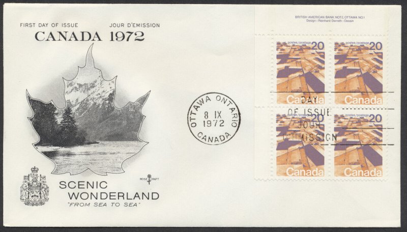 1972 Canada FDC Set of 5 Landscape Definitives Plate Blocks Rosecraft Cachets