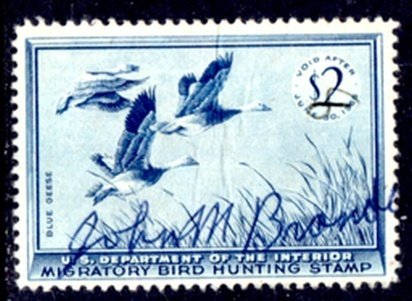 US Stamp #RW22 - BEAUTIFUL Trio of Blue Geese in Flight