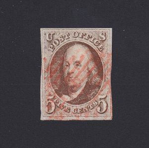 Scott #1 1847 5c Franklin USED - 4 Margins