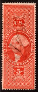 R89d, $5, Conveyance, Silk Paper, red, perf, used, MS cancel, USA Revenue Stamp