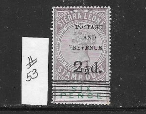 SIERRA LEONE #53 1897 SURCHARGE 21/2 ON 6P (LILAC/GREEN) - MINT HINGED