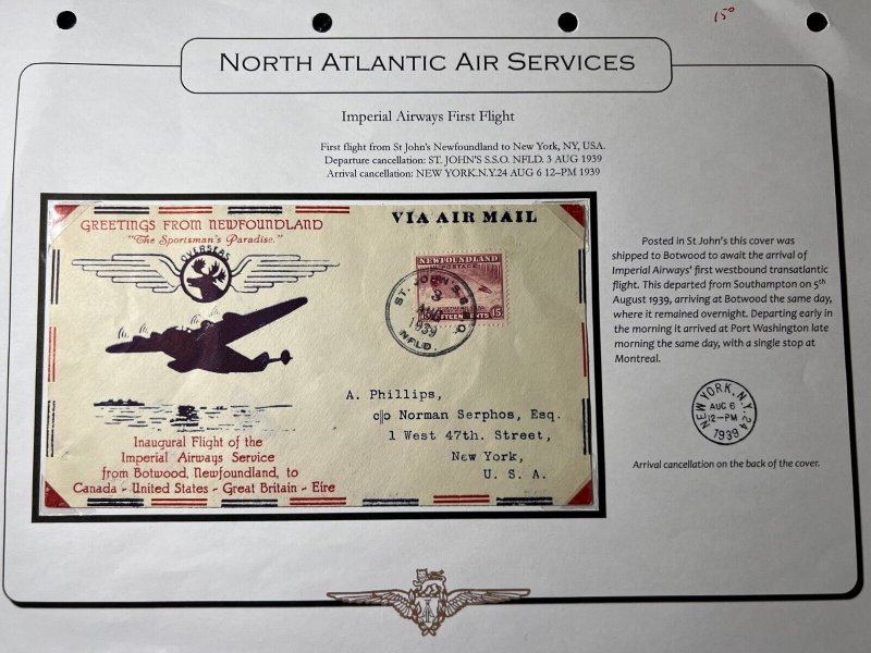 1939 Newfoundland Imperial Airmail Cover St Johns NFLD to New York NY USA