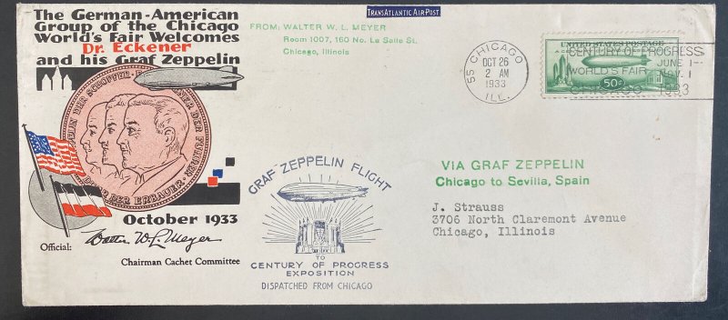 1933 Chicago IL USA LZ127 Graf Zeppelin cover To Century Of Progress Exhibition