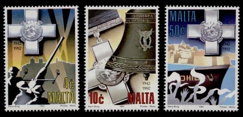 Malta 799-801 MNH George Cross, Artillery, Ships, Siege Bell