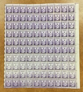 1008  NATO  ERROR Sheet of 100 3¢ Nato Stamps - 1952 UNDER INKED or dry print