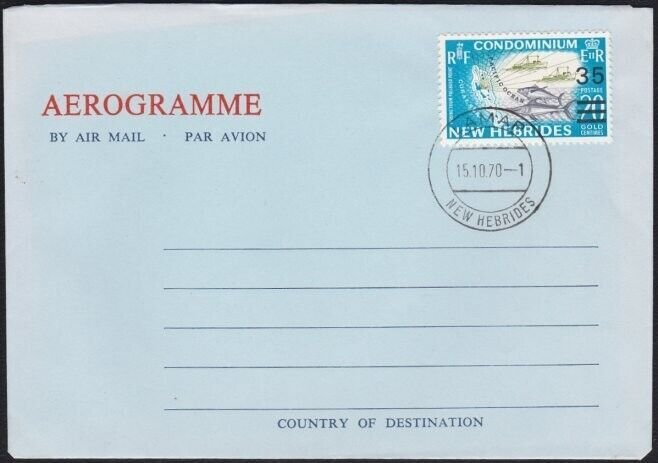 NEW HEBRIDES 1970 35 on 20c on aerogramme - first day pmk LAMAP............B4219