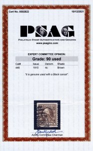 US 446 4c 1914 George Washington perf 10 flat plate coil PSAG grade 90 used