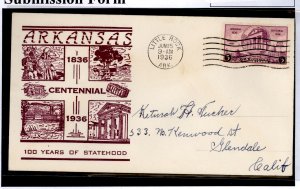 US 782 1936 3c Arkansas Statehood centennial on an addressed FDC with a Brinesky cachet