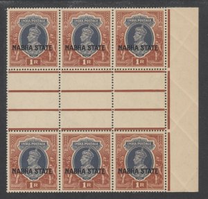 India, Nabha Sc 81 MNH. 1938 1r brown & slate KGVI Gutter block of 6, fresh, VF.