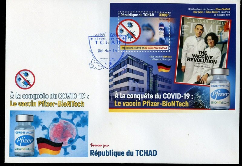 CHAD  2021 PFIZER-BIONTECH VACCINE SOUVENIR SHEET FIRST DAY COVER