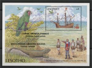 LESOTHO, SOUVENIR SHEET 1987 PARROT, BIRD REPTILE IGUANE, SHIP MNH