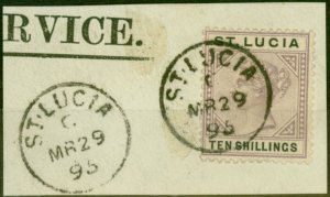 St Lucia 1891 10s Dull Mauve & Black SG52 V.F.U on Large Piece