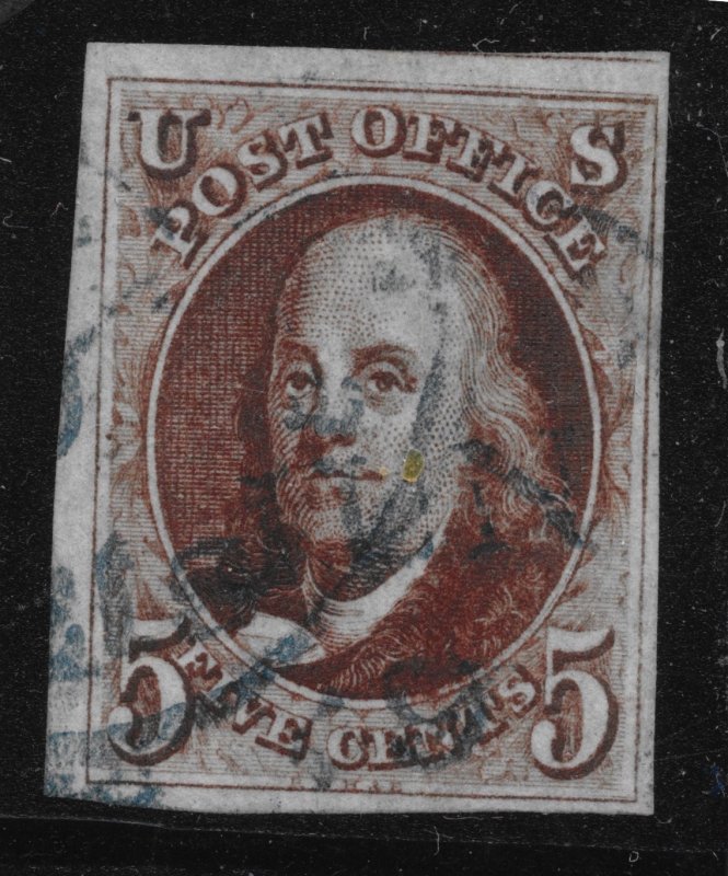 #1a Used, 5c Washington,  XF,  BlackishBrn,  Blue Cancel, FREE Insured Shipping