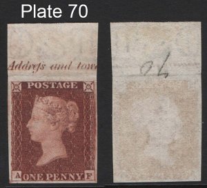 GB 1841 1d red plate 70 AF imprimatur, inscription top marginal, superb unused
