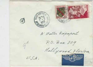 France 1956 Airmail Paris Cancels Stamps Cover to Hollywood Florida Ref 32012