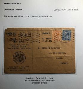 1920 London England Early Airmail Cover to Paris France Reduced Rate