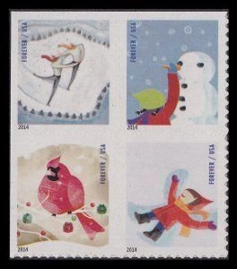 U.S.#4944a (4941-4944) Winter Fun 49c Booklet Mixed Block of 4, MNH.  Thin Paper