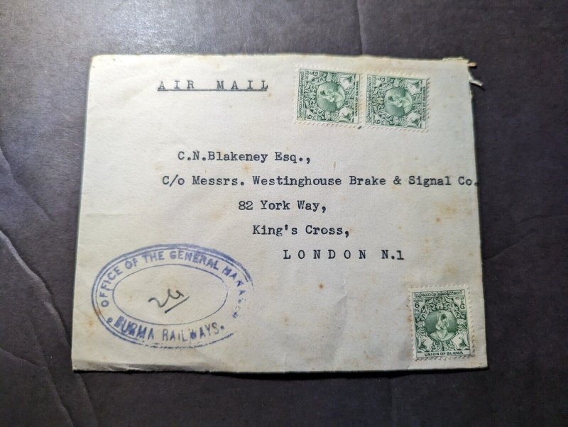 1951 Union of Burma Airmail Cover to Kings Cross London England