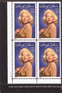 US Stamp - 1995 Marilyn Monroe - Plate Block of 4 Stamps - Scott #2967