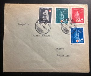 1943 Zagreb Croatia Germany State Cover Locally Used Red Cross Stamp #B42-4 & 51