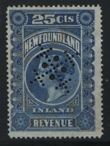 Newfoundland QV 1898 25 cents Inland Revenue with Snowflake perforated cancel